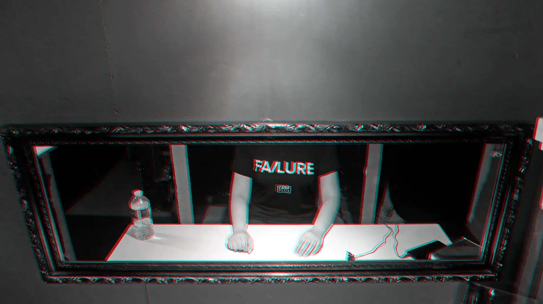 A player seen through a mirror frame on a red wall